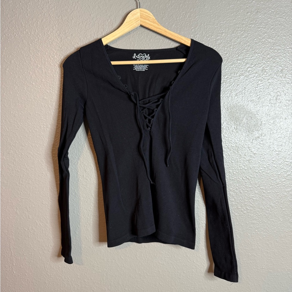 Free People Black Tie Front Fitted Top